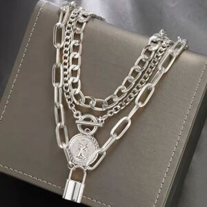 🩶 NEW Minimalist Boho Triple Silver Chain Necklace with Pendant 🩶